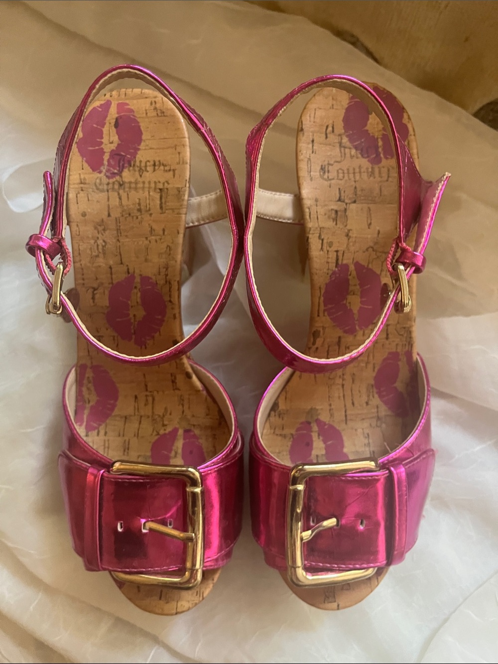 Juicy Couture Metallic Hot Pink Cork Wedge Sandals w/box